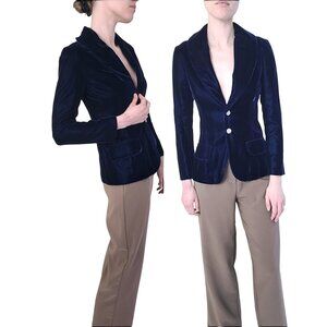 Vintage Blue Velvet Blazer Jacket Crystal Snap Buttons women's XS